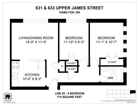 A floor plan for a two bedroom apartment at 631 & 633 Upper James Street, Hamilton, ON.
